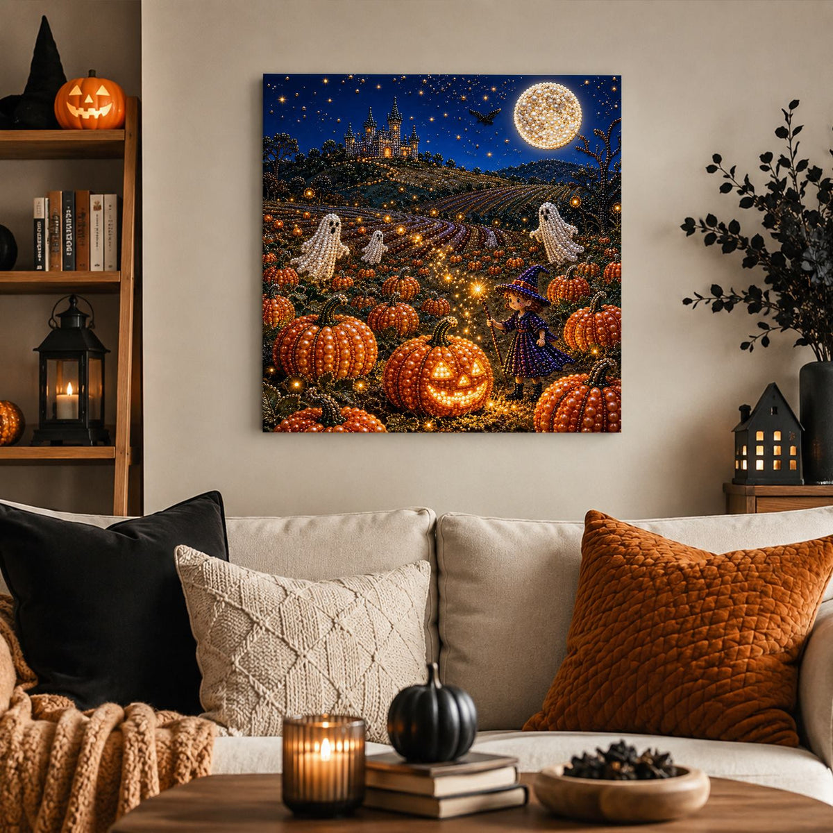 Moonlit Pumpkin Field and Castle pearl painting – image 3