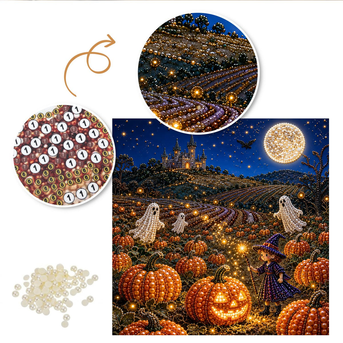 Moonlit Pumpkin Field and Castle pearl painting – image 6