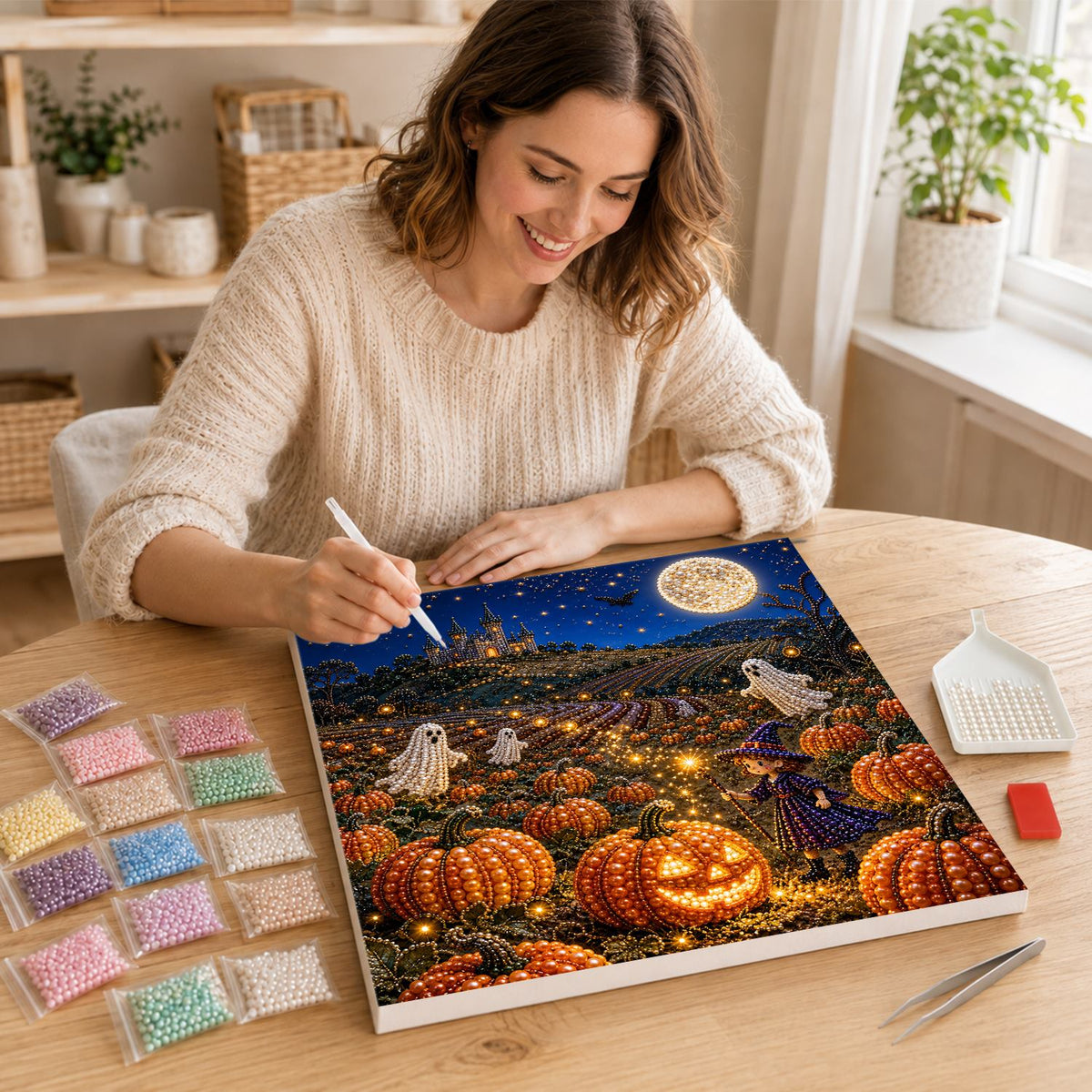 Moonlit Pumpkin Field and Castle pearl painting – image 16