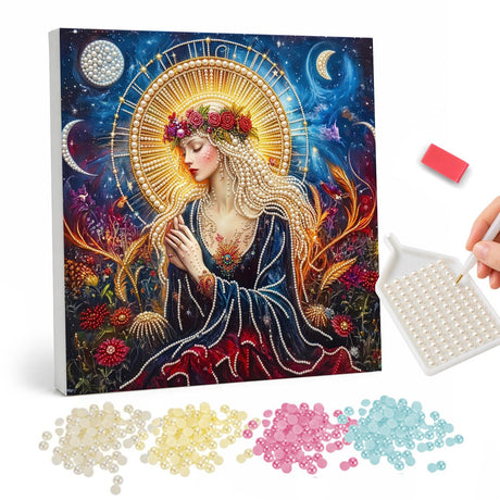 Celestial Maiden with Rose Crown pearl painting – Blonde woman in a rose crown and dark robe before a golden zodiac halo with moons and flames