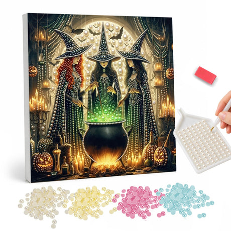Witch Coven Round the Cauldron pearl painting – Three tall witches in pointed hats gathered round a glowing green cauldron amid candles and a full moon