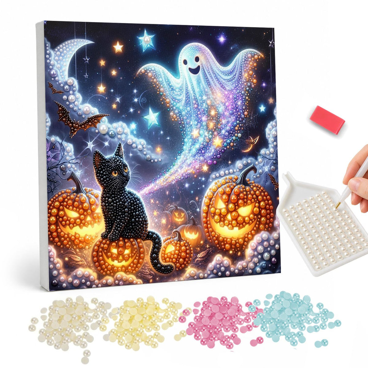 Black Cat and Starry Ghost pearl painting – Black cat sitting among grinning jack-o'-lanterns as a sparkling ghost swirls through a starry sky