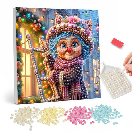 Cat-Ear Hat Lady at Christmas pearl painting – Cheerful older woman in round glasses, a cat-ear hat and scarf by a window with Christmas lights