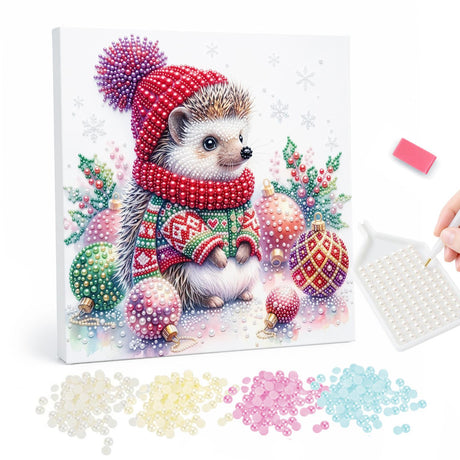 Hedgehog in a Bobble Hat pearl painting – Hedgehog in a red pompom hat and patterned scarf among pink and green baubles and holly