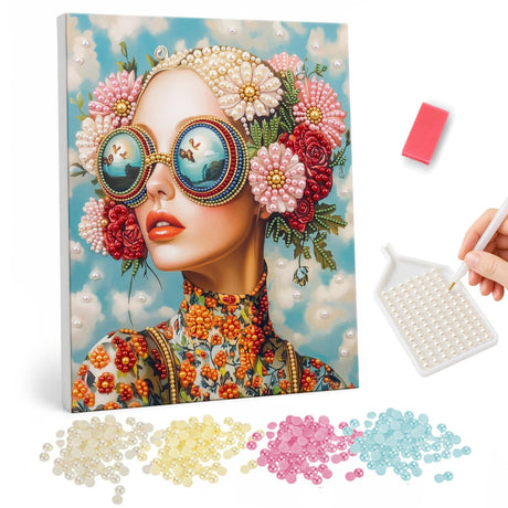 Mirror Shades and Flower Crown pearl painting – Woman with red lips in round mirrored sunglasses and a crown of pink and white flowers against a cloudy sky