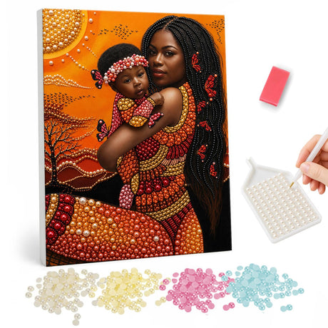 Mother's Embrace at Savanna Sunset pearl painting – Mother with long braids hugging her baby girl in a flower crown against an orange sunset with acacia trees