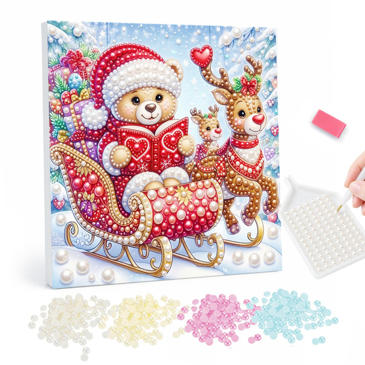 Teddy's Storybook Sleigh Ride pearl painting – Teddy bear in a Santa hat reading a book in a red sleigh, a reindeer with hearts beside him