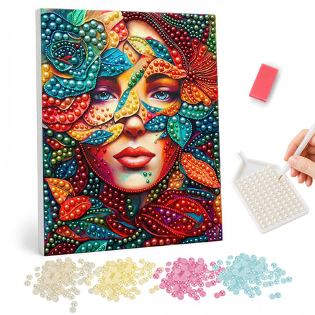 Mosaic Leaf Mask Portrait pearl painting – Woman's face partly covered by a mosaic of teal, red and orange leaves