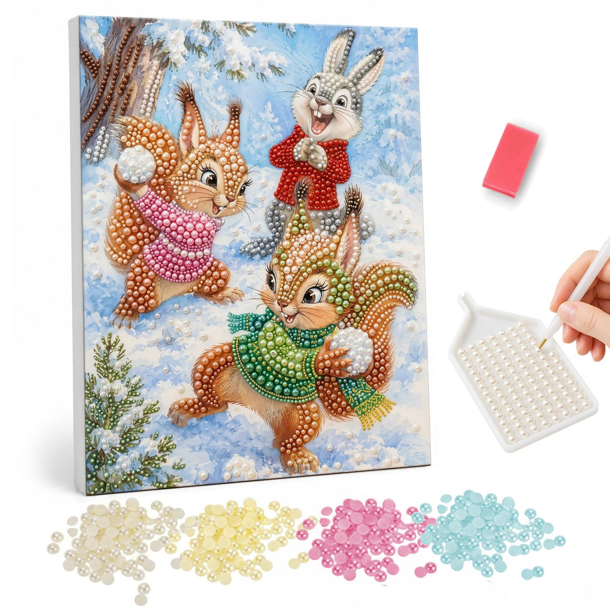Snowball Fight in Sweaters pearl painting – Two squirrels and a bunny in sweaters and scarves throwing snowballs in a snowy forest