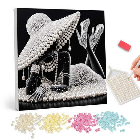 Glamour Lady in Wide-Brim Hat pearl painting – Black and white woman in a wide-brim hat and long necklaces lounging with high-heeled legs raised