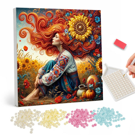 Flame-Haired Girl in Sunflowers pearl painting – Woman with long flowing red hair in an embroidered blouse sitting in a sunflower field with pumpkins