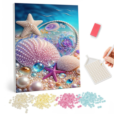 Pearl Painting Seashell and Starfish Ocean Scene pearl painting – image 1