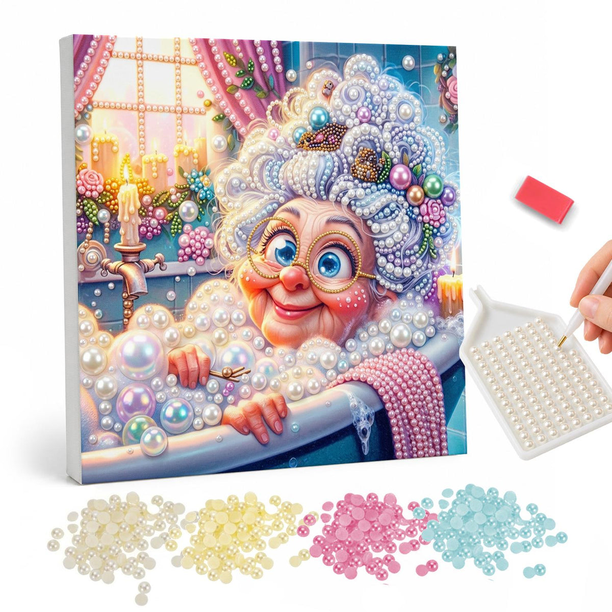 Bubble Bath Granny pearl painting – Smiling grandmother with big glasses and white curly hair relaxing in a bubble bath by candlelight