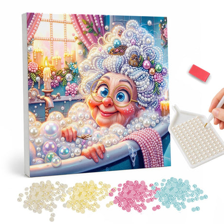 Bubble Bath Granny pearl painting – Smiling grandmother with big glasses and white curly hair relaxing in a bubble bath by candlelight