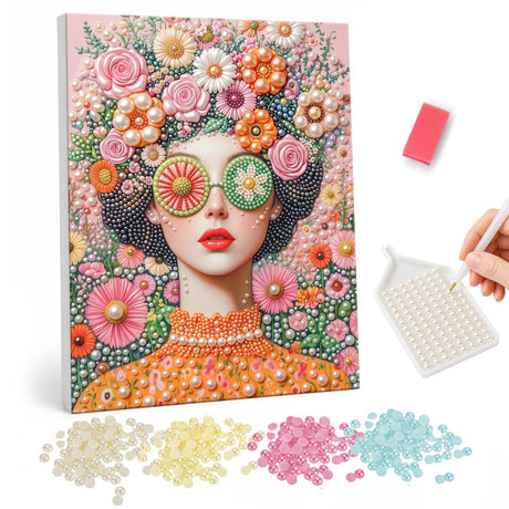 Blossom-Haired Woman in Shades pearl painting – Woman with big hair full of pink, orange and white flowers wearing round floral sunglasses and red lipstick