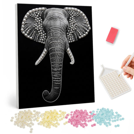 Silver Elephant Head on Black pearl painting – Gray elephant head with beaded ear edges and a long trunk on a black background