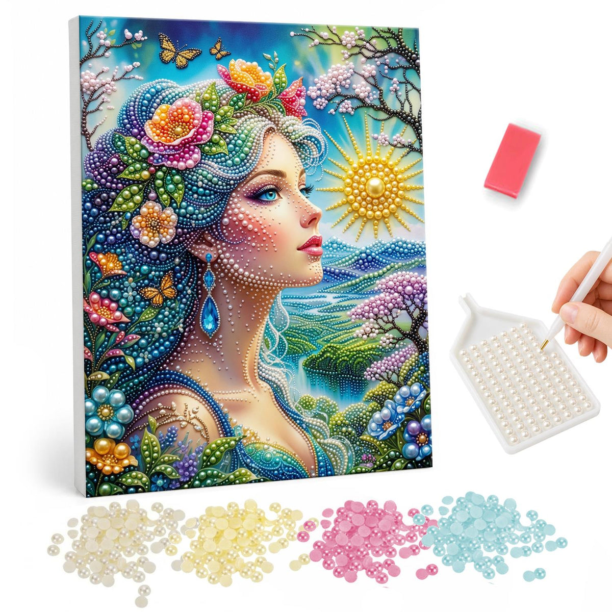 Flower-Haired Woman by the Sea pearl painting – Woman in profile with silver-teal hair full of flowers, a bright sun, butterflies and a coastal landscape