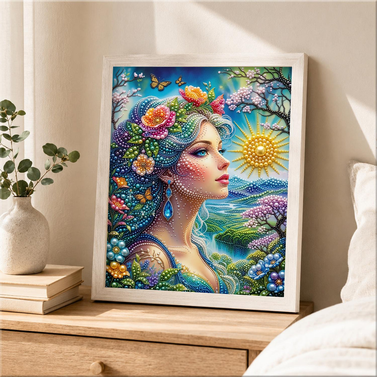 Flower-Haired Woman by the Sea pearl painting – image 2