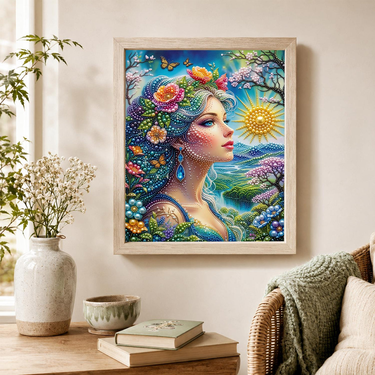 Flower-Haired Woman by the Sea pearl painting – image 4