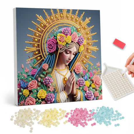 Praying Woman with Golden Halo pearl painting – image 1