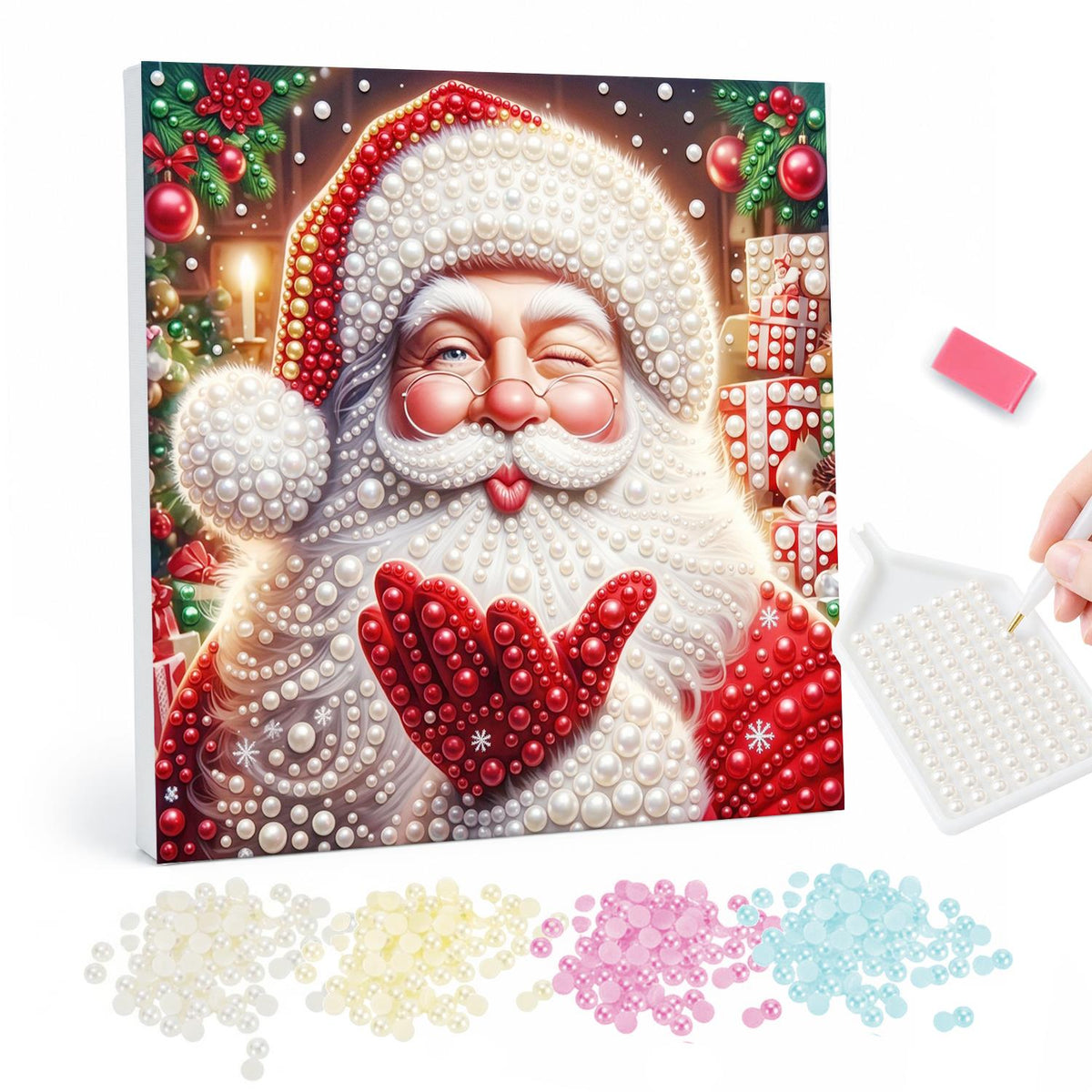 Santa Sending Heart Mittens pearl painting – Winking Santa holding red mittens together in a heart shape, with candles and festive lights behind