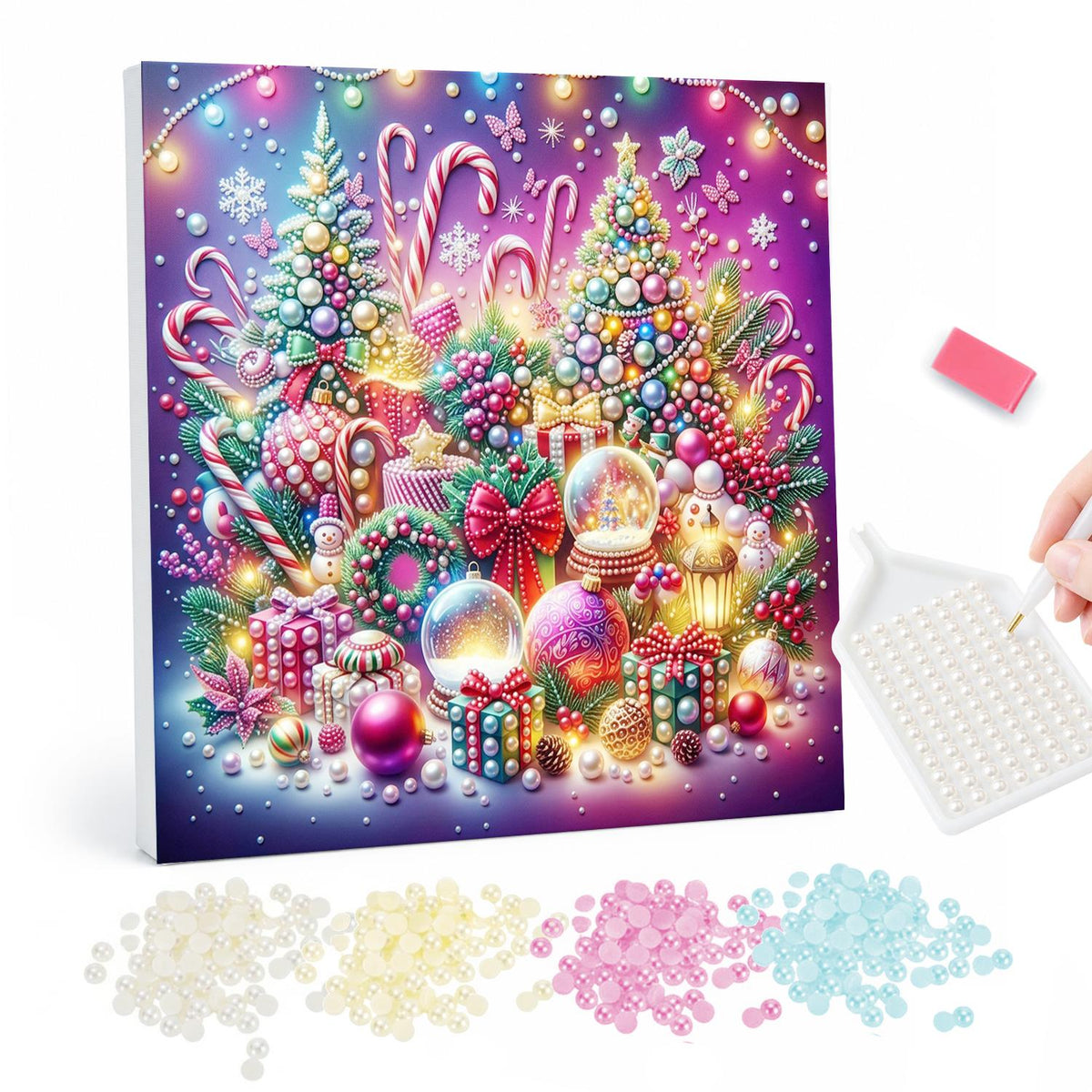 Neon Snow Globe Wonderland pearl painting – Colorful Christmas trees, snow globes, ornaments, candy canes and gifts glowing on a pink and purple background