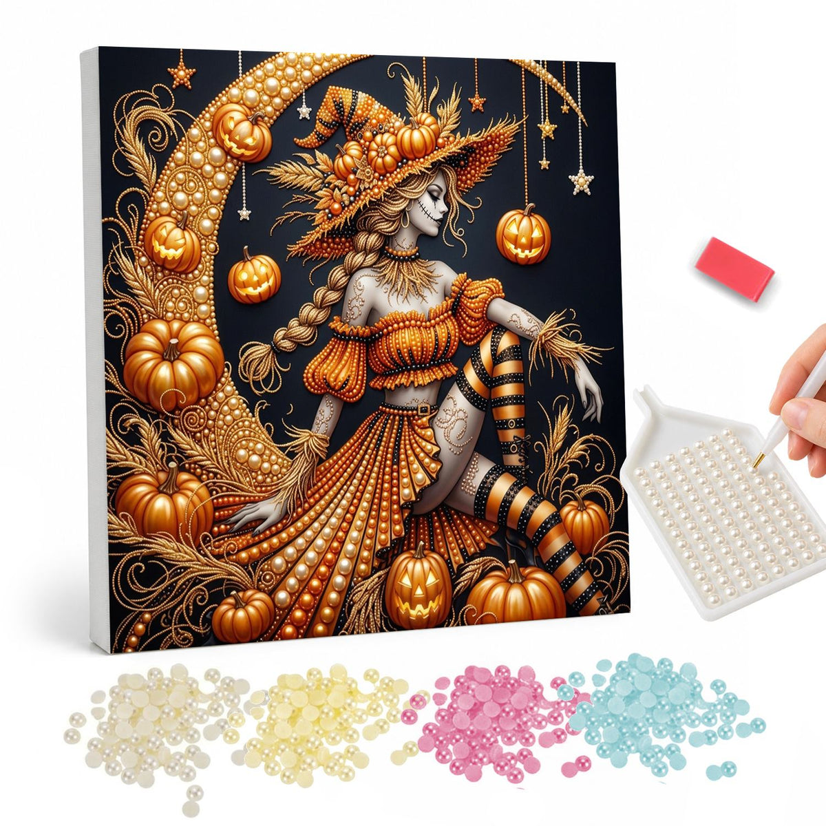 Pumpkin Witch on a Crescent pearl painting – Braided witch in an orange dress and striped stockings perched on a golden crescent moon with jack-o'-lanterns