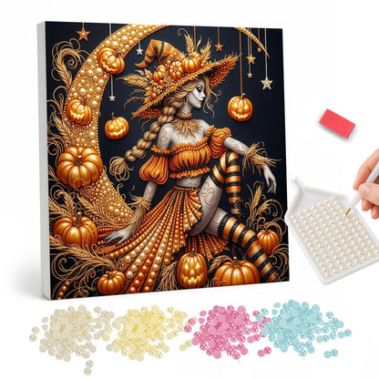 Pumpkin Witch on a Crescent pearl painting – Braided witch in an orange dress and striped stockings perched on a golden crescent moon with jack-o'-lanterns