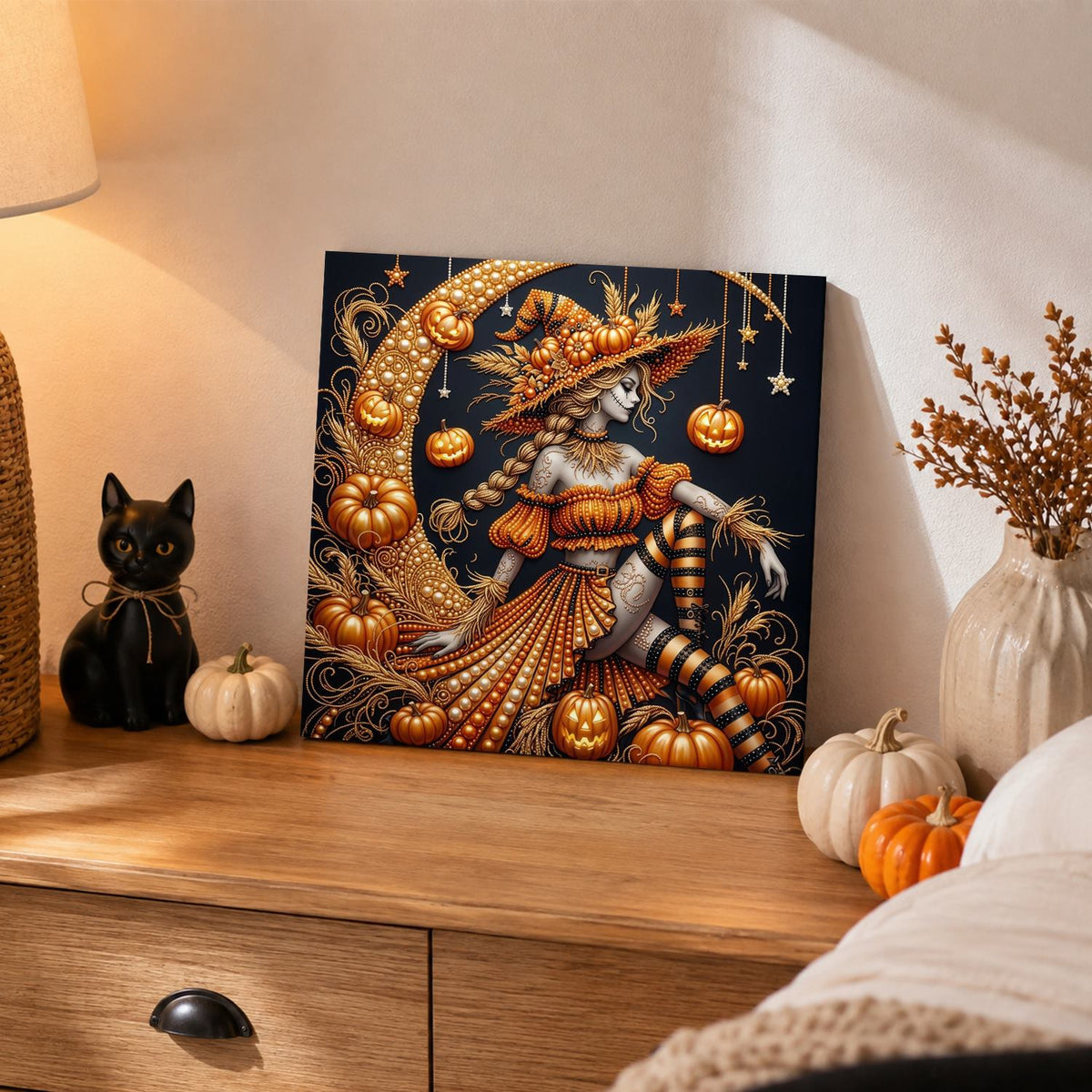 Pumpkin Witch on a Crescent pearl painting – image 2
