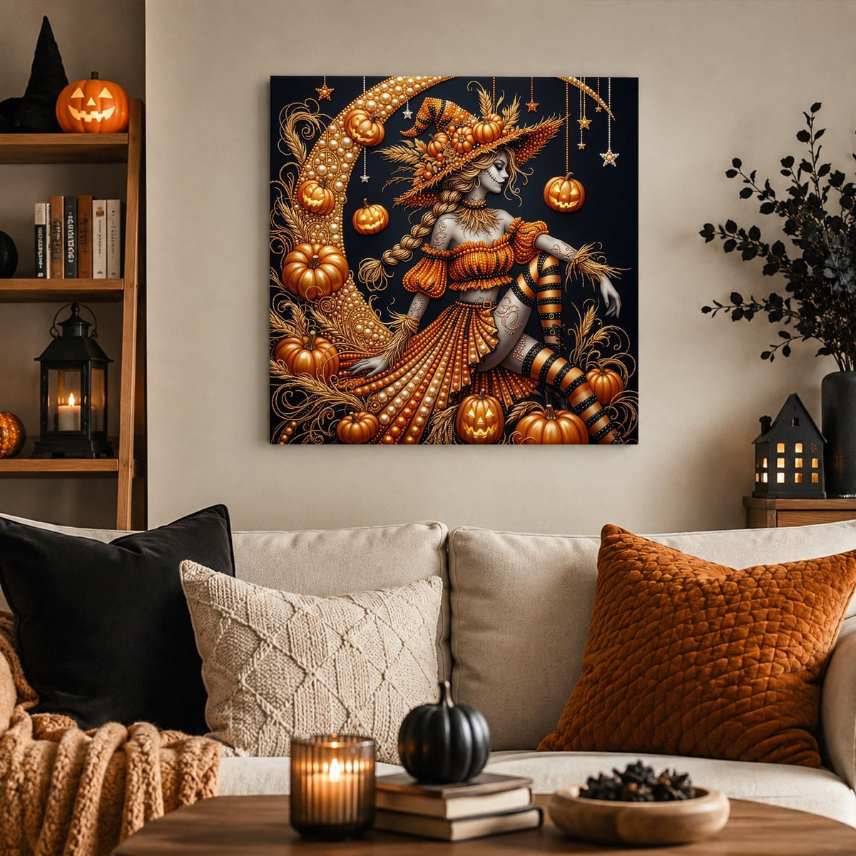 Pumpkin Witch on a Crescent pearl painting – image 3
