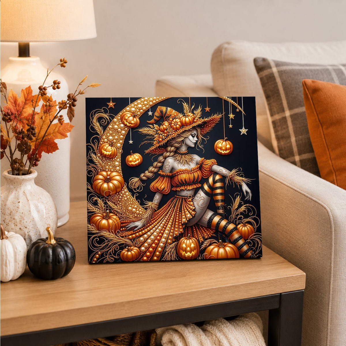 Pumpkin Witch on a Crescent pearl painting – image 4