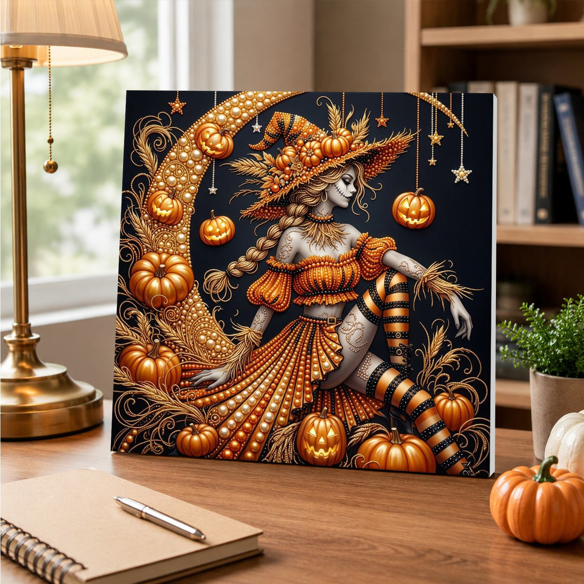 Pumpkin Witch on a Crescent pearl painting – image 5