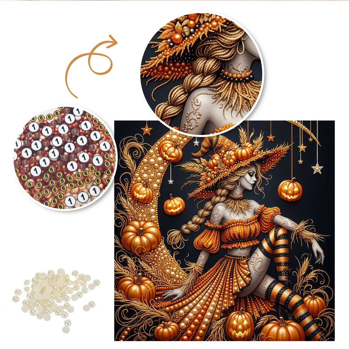 Pumpkin Witch on a Crescent pearl painting – image 6