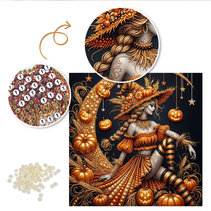 Pumpkin Witch on a Crescent pearl painting – image 6