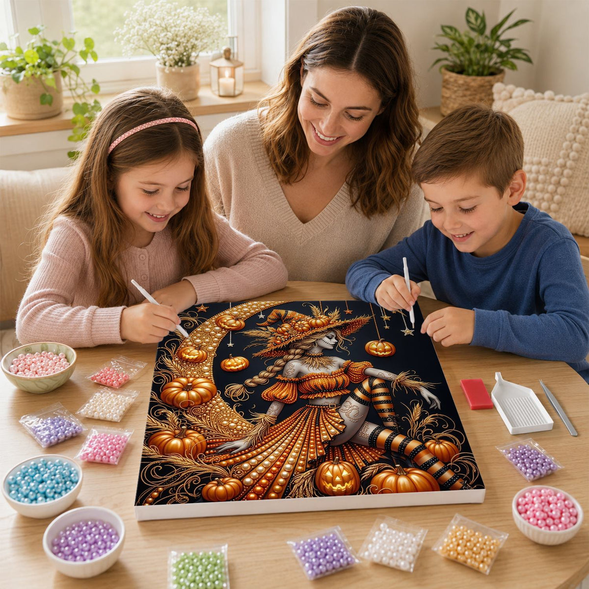 Pumpkin Witch on a Crescent pearl painting – image 15