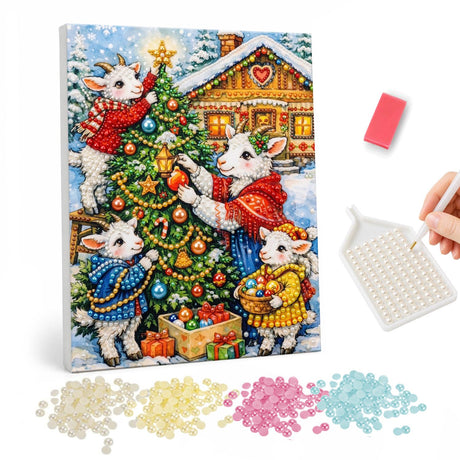 Snow-Day Lambs and Cozy Cabin pearl painting – Lambs in scarves and capes decorating a Christmas tree beside a log cabin with a heart under a pale snowy sky