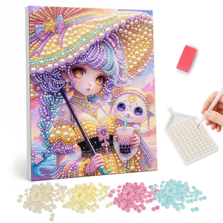 Parasol Girl with Plush Companion pearl painting – Big-eyed girl with lilac hair under a yellow parasol holding a drink beside a small white bear