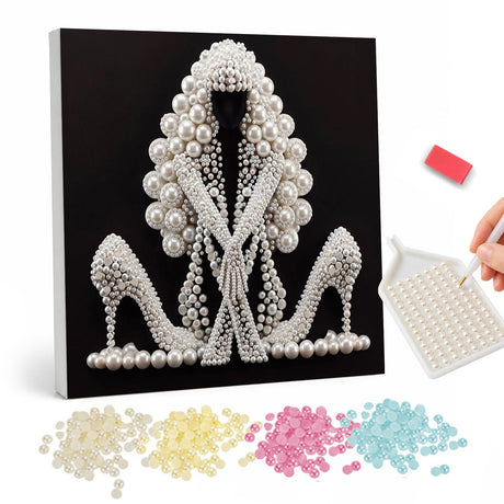 Ivory Gown and Stiletto Heels pearl painting – White beaded evening gown and a pair of high heels on a black background