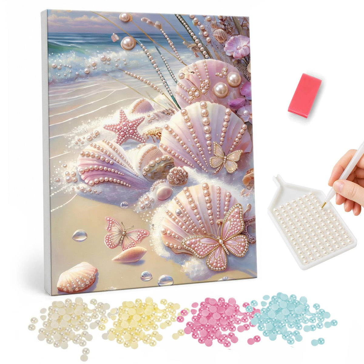 Butterfly Shells at Low Tide pearl painting – Pink scallop shells, starfish and pale butterflies on the sand where gentle waves meet the shore