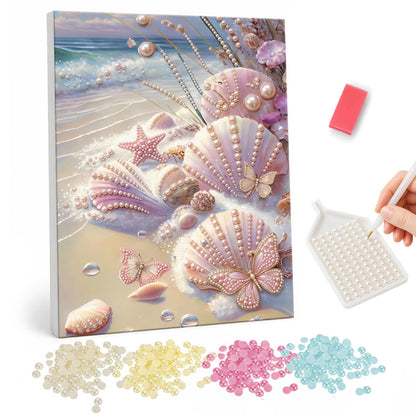 Butterfly Shells at Low Tide pearl painting – Pink scallop shells, starfish and pale butterflies on the sand where gentle waves meet the shore