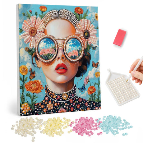 Meadow Reflected in Sunglasses pearl painting – Woman with red lips in round sunglasses reflecting a flower field, pink daisies in her hair and butterflies
