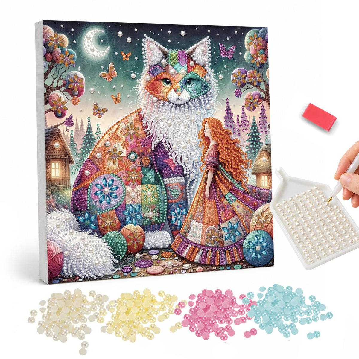 Patchwork Cat and Red-Haired Girl pearl painting – Huge patchwork-patterned cat with a white ruff beside a red-haired woman in a patchwork dress in a village