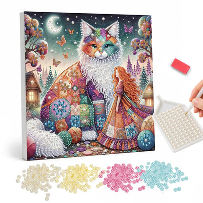 Patchwork Cat and Red-Haired Girl pearl painting – Huge patchwork-patterned cat with a white ruff beside a red-haired woman in a patchwork dress in a village