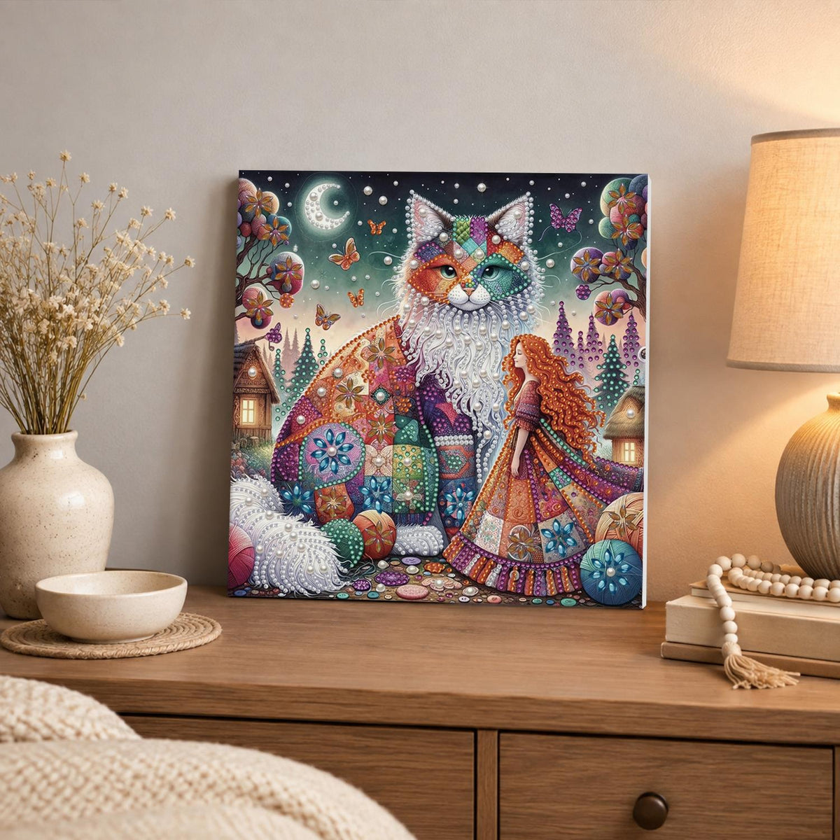 Patchwork Cat and Red-Haired Girl pearl painting – image 3