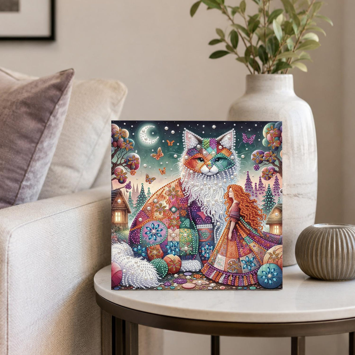 Patchwork Cat and Red-Haired Girl pearl painting – image 4