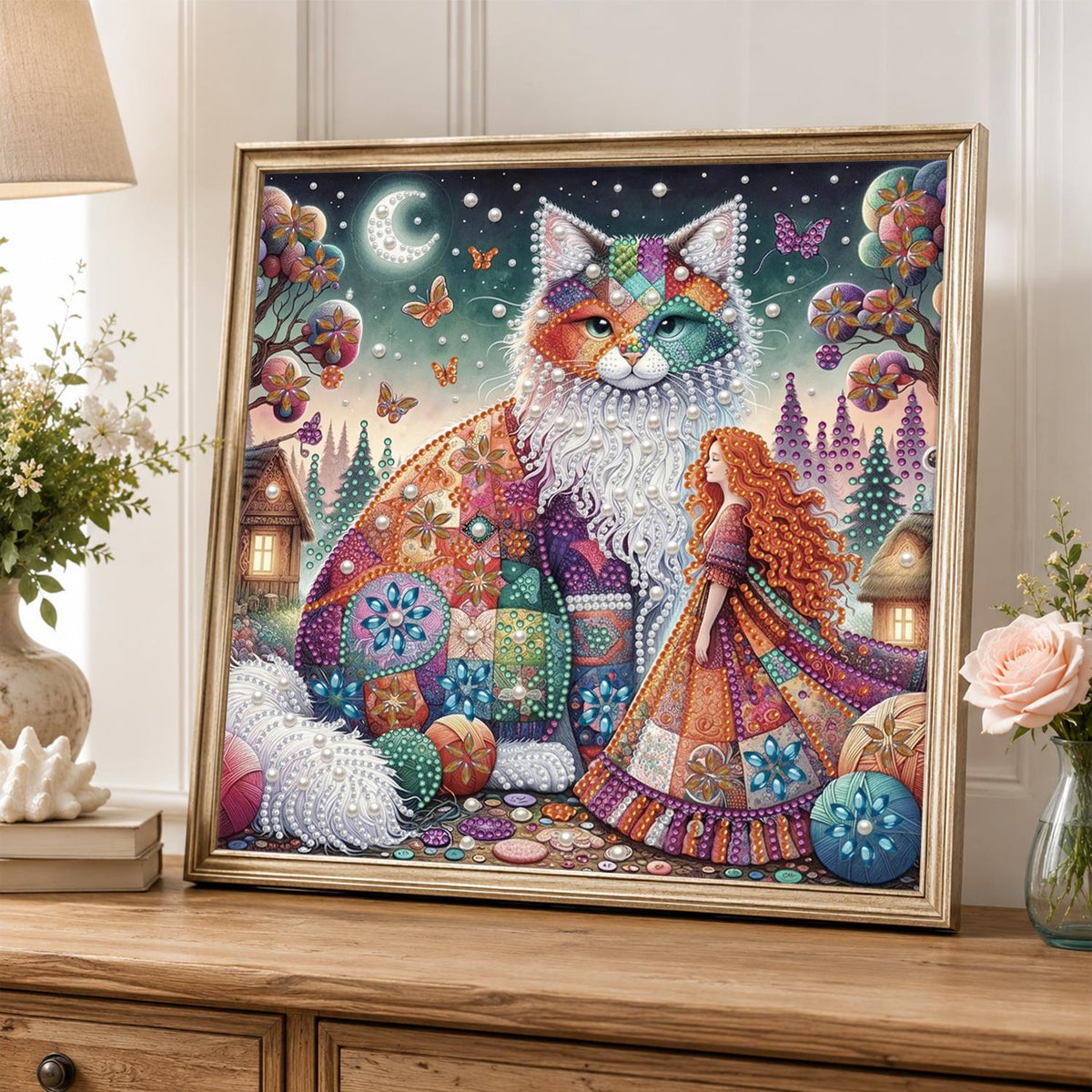 Patchwork Cat and Red-Haired Girl pearl painting – image 5