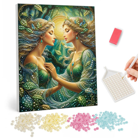 Twin Forest Nymphs in Green pearl painting – Two women in green jeweled gowns facing each other in a sunlit forest