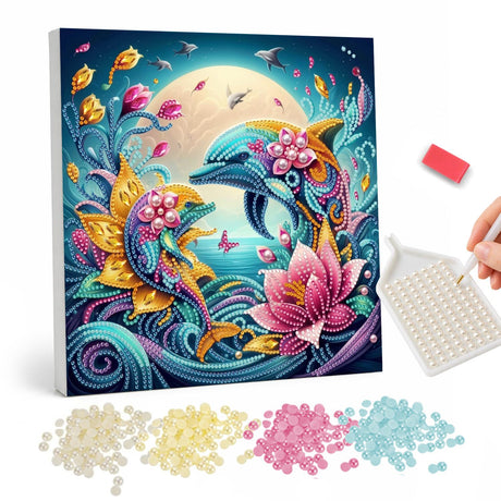 Moonlit Dolphins and Pink Lotus pearl painting – Two jeweled dolphins leaping among pink lotus flowers and teal waves under a full moon