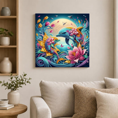 Moonlit Dolphins and Pink Lotus pearl painting – image 2