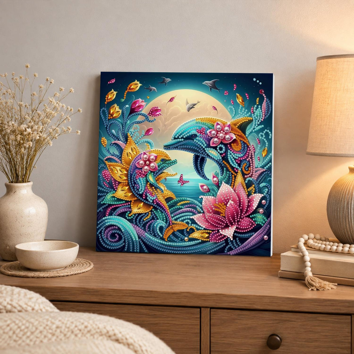 Moonlit Dolphins and Pink Lotus pearl painting – image 3